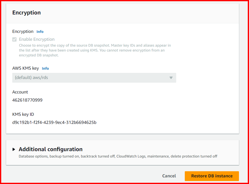 Picture showing the Restore DB instance button for restoring the snapshot